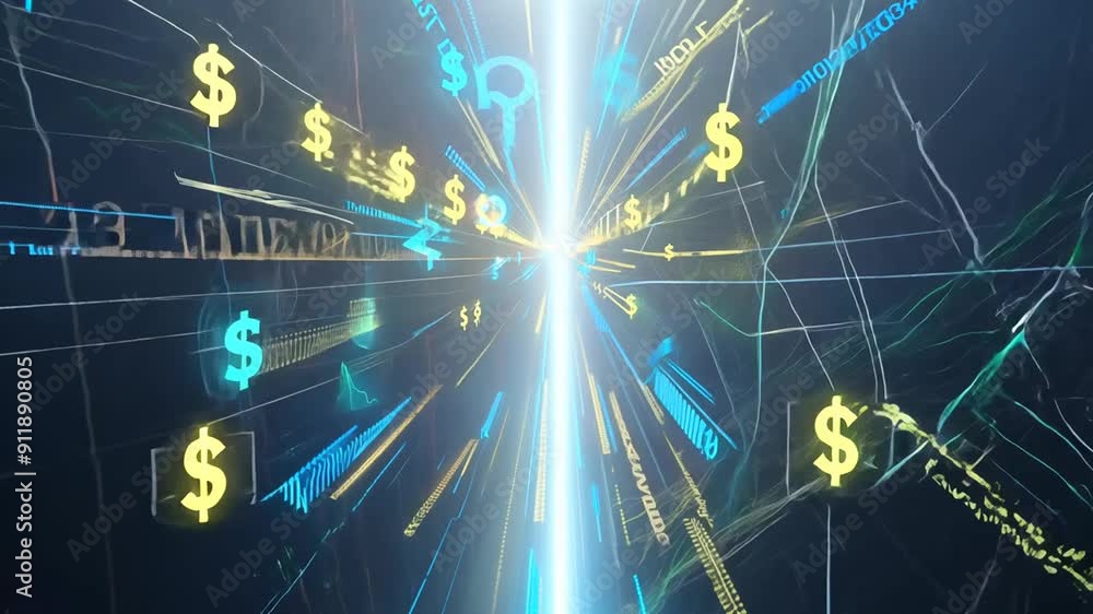 Poster dynamic flow of data with currency symbols and fiber connections generative ai