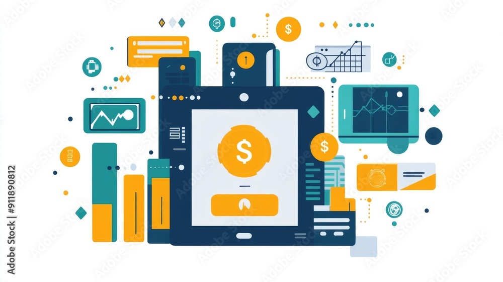 Poster innovative fintech solutions and mobile banking technologies featured in a modern flat design the im