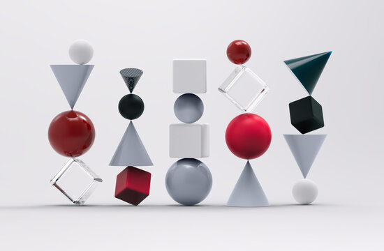 Many different geometric figures balancing on each other. Abstract set