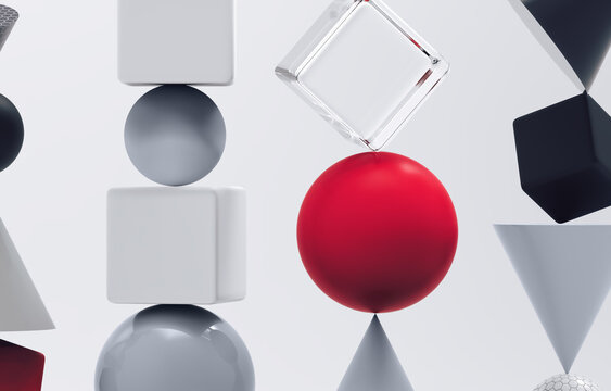 Many different geometric figures balancing on each other. Abstract set