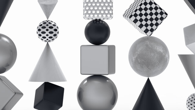 Many different geometric figures balancing on each other. Abstract set