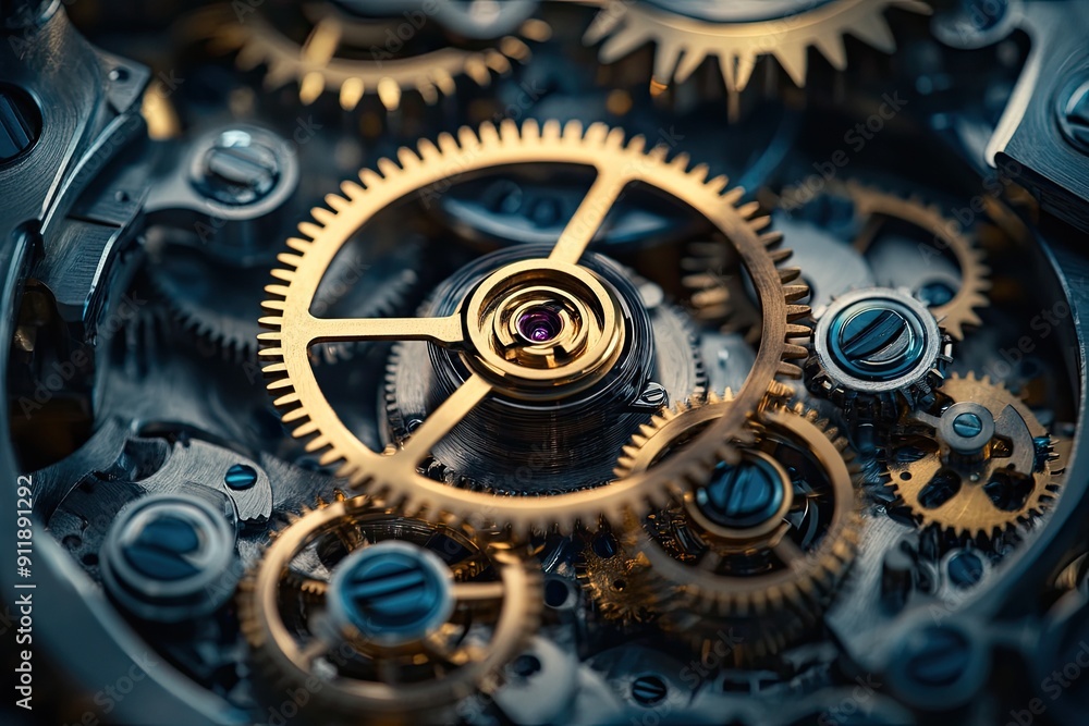 Aufkleber a close up of a clock with many gears and one of the gears is gold. the gears are all different size