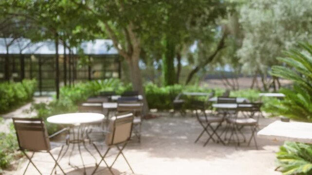 Blurred outdoor scene of a cafe or restaurant terrace in mallorca featuring numerous empty tables and chairs under a canopy of trees and greenery