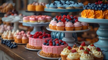 A table full of desserts including cakes, cupcakes, and pastries