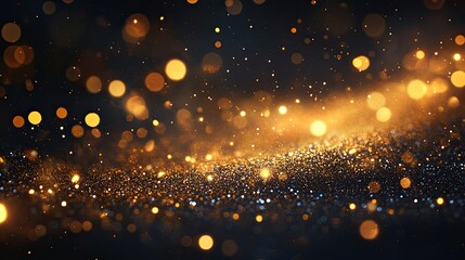 Obraz premium A black background with a lot of gold glitter. The glitter is scattered all over the background, creating a sense of movement and energy. The image is abstract and has a dreamy, ethereal quality to it