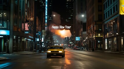 Taxi Cab in city Happy New Year