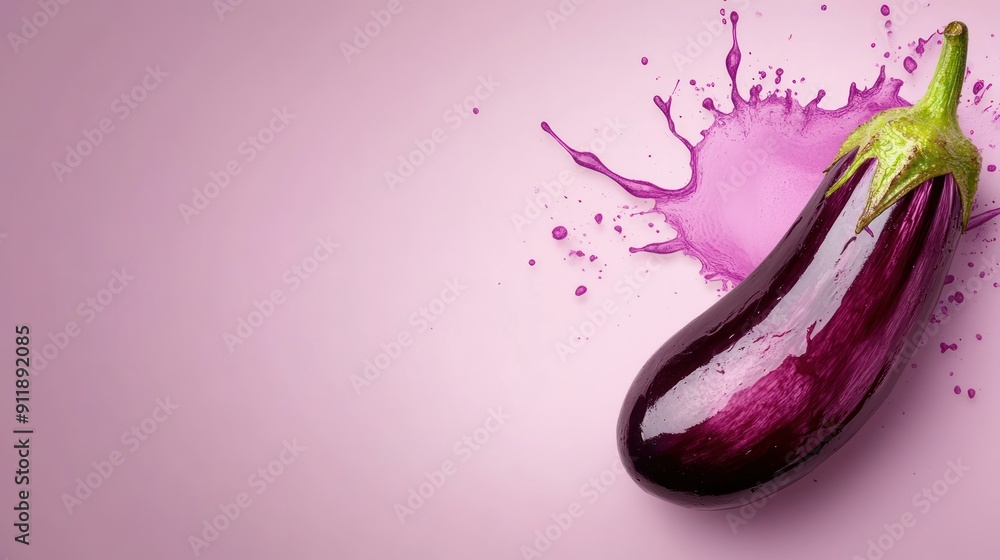 Poster Purple eggplant with pink splash on pastel background.