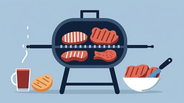 grilling meat on barbecue, food, drink, flat style clip art preview