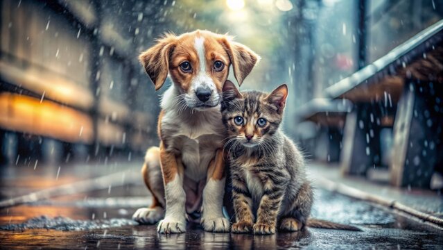 Lonely, bedraggled puppy and scrawny cat huddle together, drenched and forlorn, beneath rain-soaked streets, pleading for rescue and a forever home.