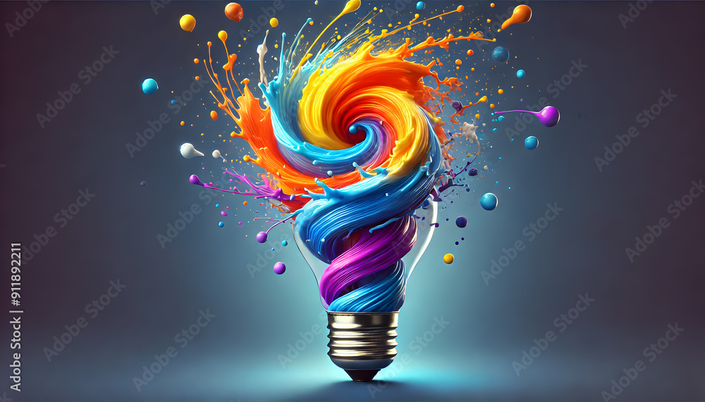 Poster vibrant and dynamic depicting a colorful explosion of creative energy bursting from a light bulb rep