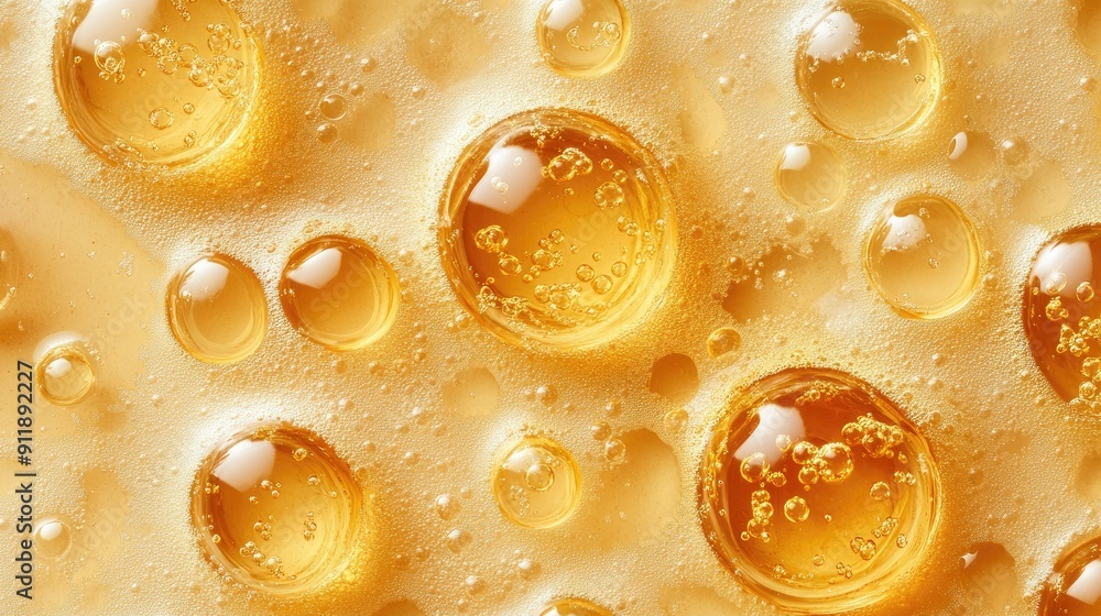 Poster a close up of a yellow liquid with bubbles in it. the bubbles are small and scattered throughout the