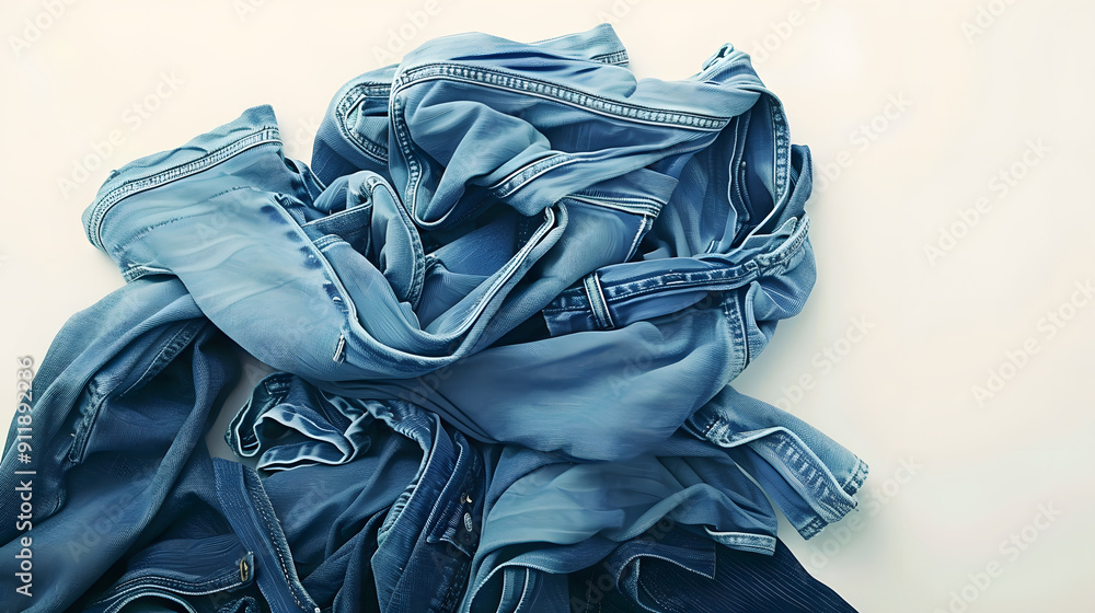 Wall mural Blue denim jeans arranged in a pile on a white backdrop