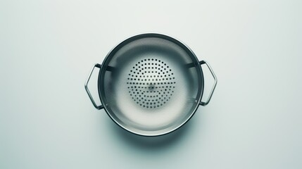 Directly above shot of an empty metal colander on a white background
