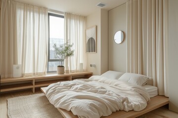 Fototapeta premium A bedroom with a white bed and white curtains