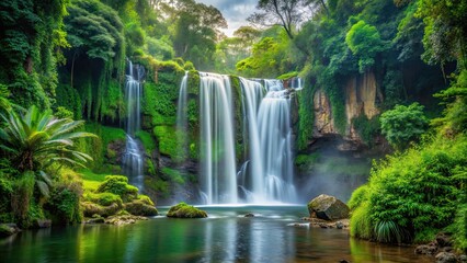 Obraz premium Majestic waterfall surrounded by lush greenery, waterfall, majestic, lush, greenery, nature, beautiful, scenery