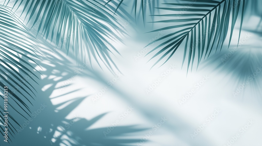 Poster a serene background featuring palm leaves casting shadows on a soft, light blue surface. the composi