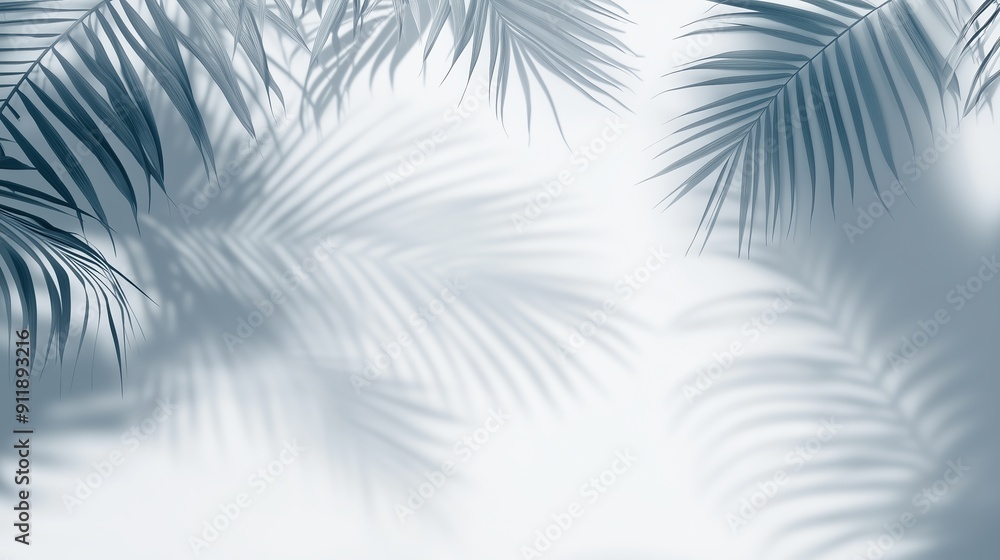 Poster a serene background featuring soft shadows of palm leaves against a light backdrop, creating a tranq