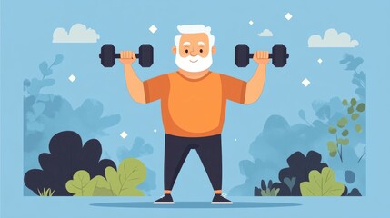 Fototapeta premium Energetic and Motivated Senior Man Weightlifting with Dumbbells Showcasing an Active and Healthy Lifestyle in a Flat Design Concept of Positive Aging Independence and Empowerment
