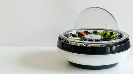 Modern electric salad spinner is drying fresh vegetables on a white countertop