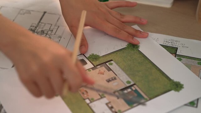 Professional engineer pointing focusing house design holding architectural equipment on meeting table with building blueprint scatter around at modern office. Focus on hand. Closeup. Delineation.