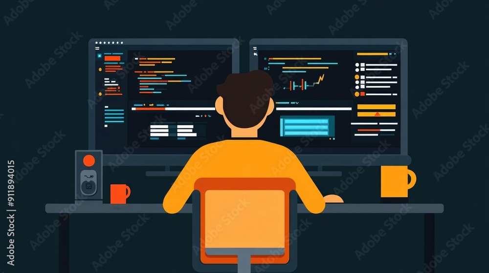 Fototapete Stylized flat design of a software development and version control system dashboard  The image depicts a digital workspace with a computer monitor displaying analytics code