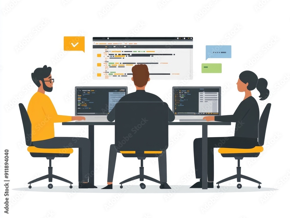 Poster software development team collaborating in code review meeting with flat design group of coworkers d