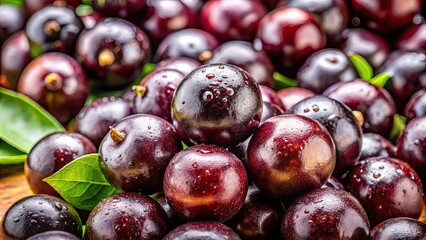 Fototapeta premium Close up of a ripe jabuticaba fruit , jabuticaba, fruit, close up, Brazilian, exotic, purple, round, shiny, juicy, fresh