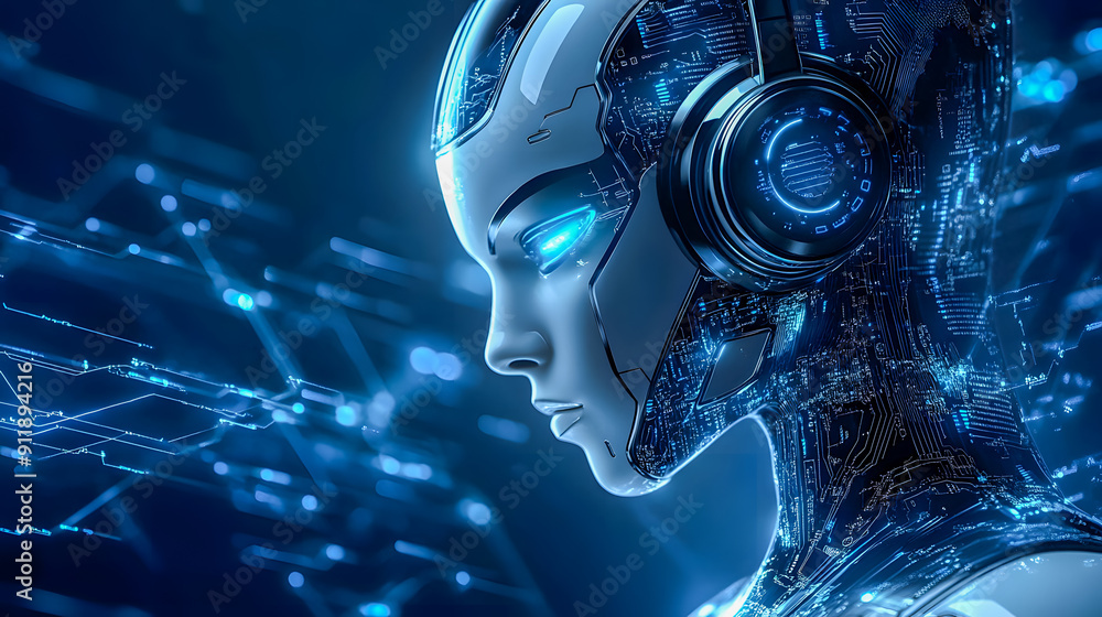 Poster futuristic digital portrait of a cybernetic or entity with a glowing luminous face and advanced tech