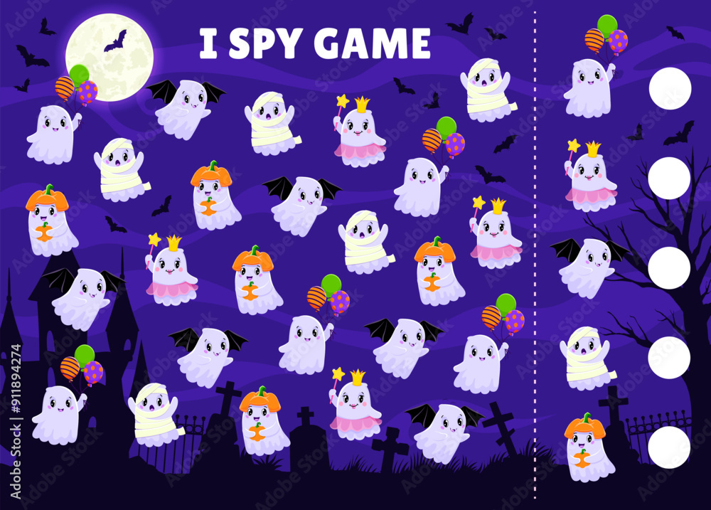 Poster i spy kids game worksheet with halloween kawaii ghosts and funny monsters, vector puzzle quiz. littl