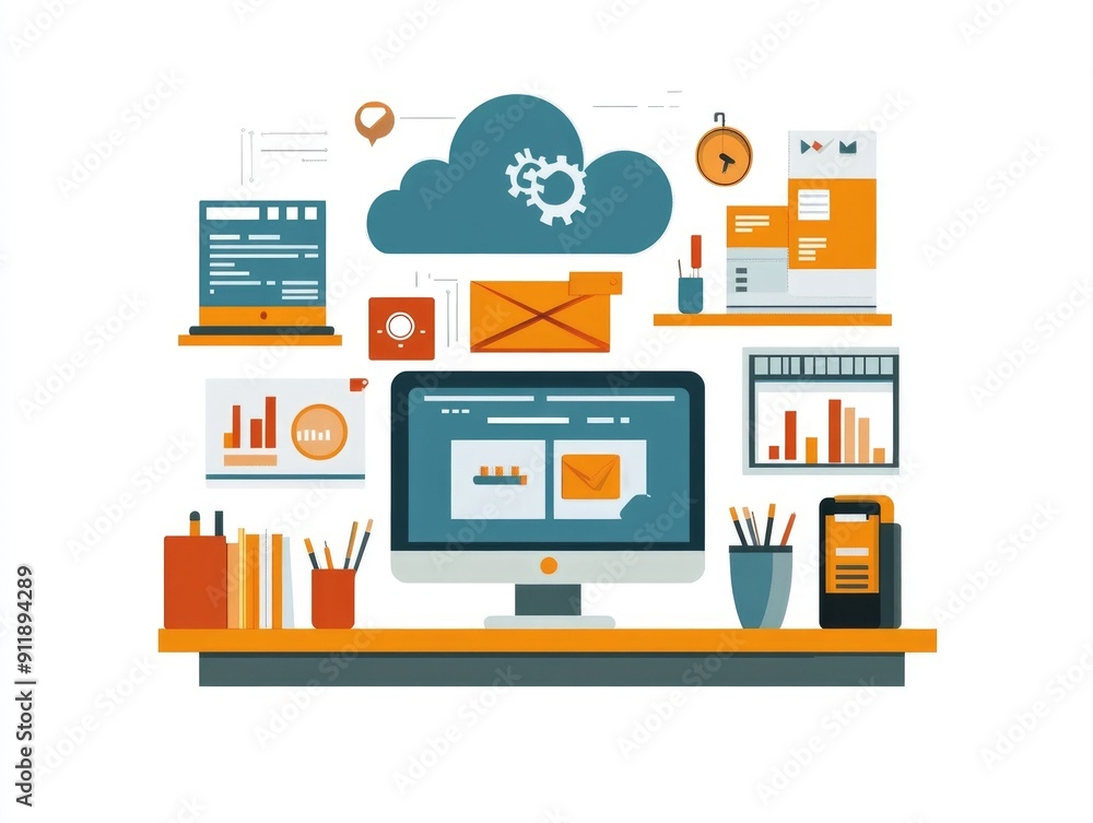 Poster flat design depicting the concept of software development cloud based services and digital technolog
