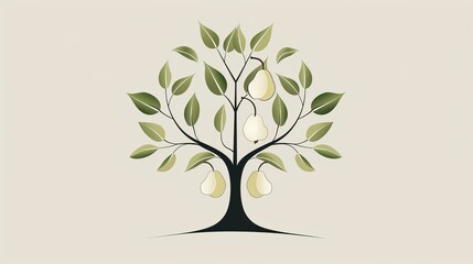 Obraz premium A pear tree with simple lines, minimal leaves and fruit, 2D vector illustration, clean design, soft green palette