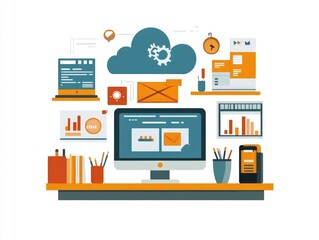 Flat design depicting the concept of software development cloud based services and digital technology solutions in a clean modern and minimalist style