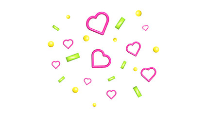 3d Confetti Firecracker Ribbon Paper Element Set. Pink hearts. Bright colored figures fly in different directions. Poster design postcard banner web design. Vector.