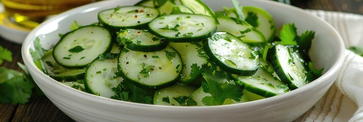 Cucumber Salad with Fresh Cilantro and Oil in a White Bowl