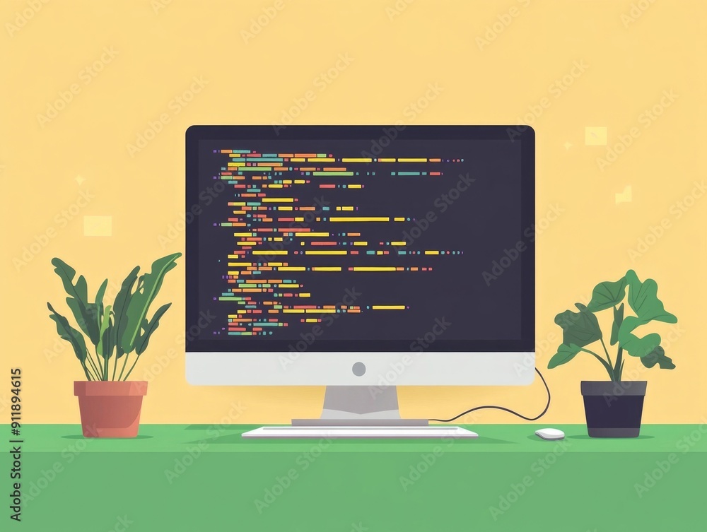 Poster flat design of a modern coding workspace with a computer monitor laptop and potted plants on a minim