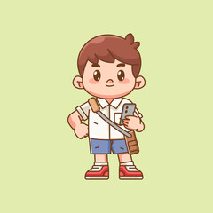 Cute boy stylish outfit with slingbag and phone chibi kawaii character mascot