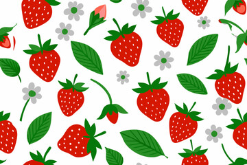 Seamless Strawberry Pattern Vector Clipart Design - Fresh Fruit, Leaf, Flower, Outline, Silhouette