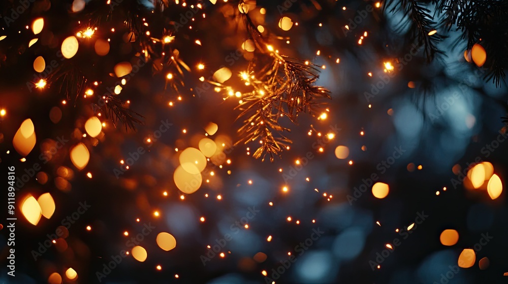 Poster a tree with many lights on it. the tree is lit up and it looks like it's snowing
