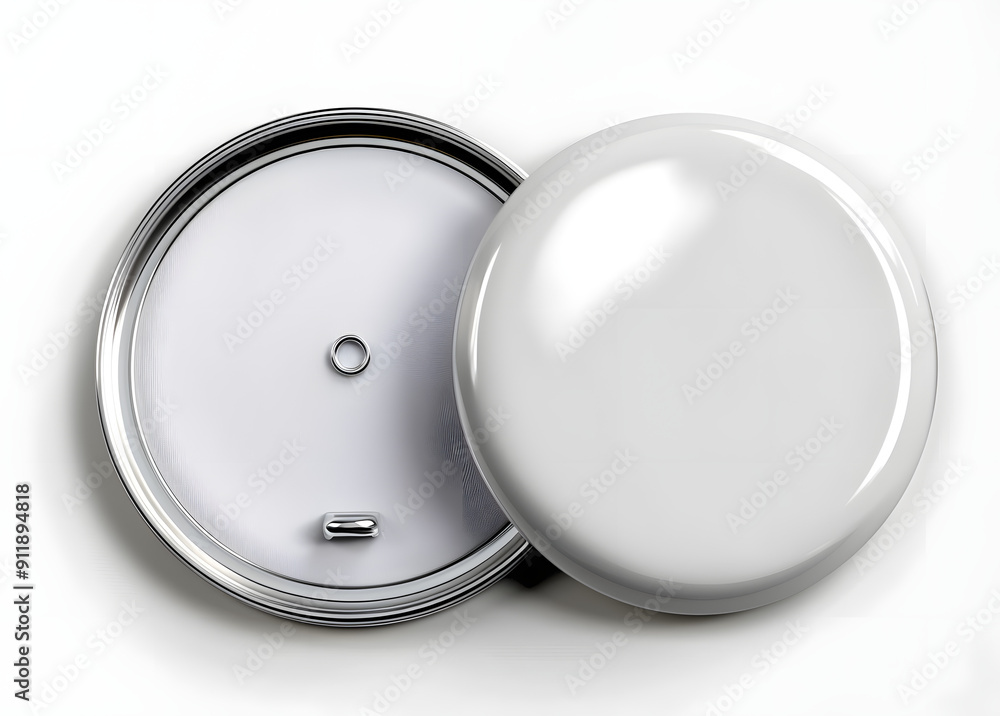 Poster isolated white circular pinback button with a blank face and metal rim on a pure white background, w