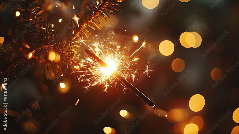 Poster a sparkler is lit on a tree branch. the image has a warm, festive mood, with the sparkler adding a t