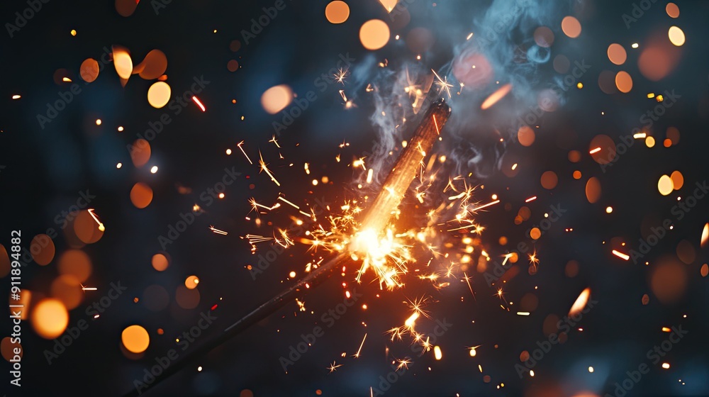 Poster a close up of a sparkler with a lot of sparks flying out of it. the image has a lot of motion and en