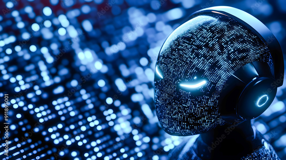 Poster futuristic digital sphere surrounded by a glowing geometric grid pattern representing data intellige