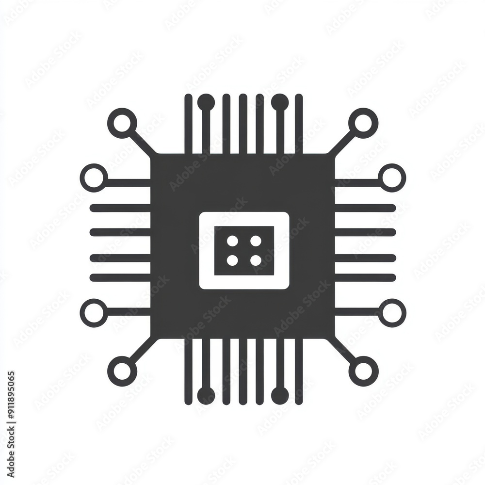Poster modern computer chip icon in flat grey design on white background
