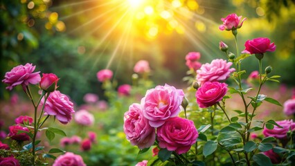 Obraz premium Vibrant pink roses flourish in a whimsical garden amidst a warm summer background of radiant sunbeams, lush greenery, and soft, ethereal light, with ample copy space.