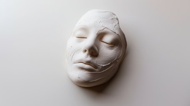 Calm white plaster mask representing peace and serenity against a minimalist backdrop, ideal for spa themes