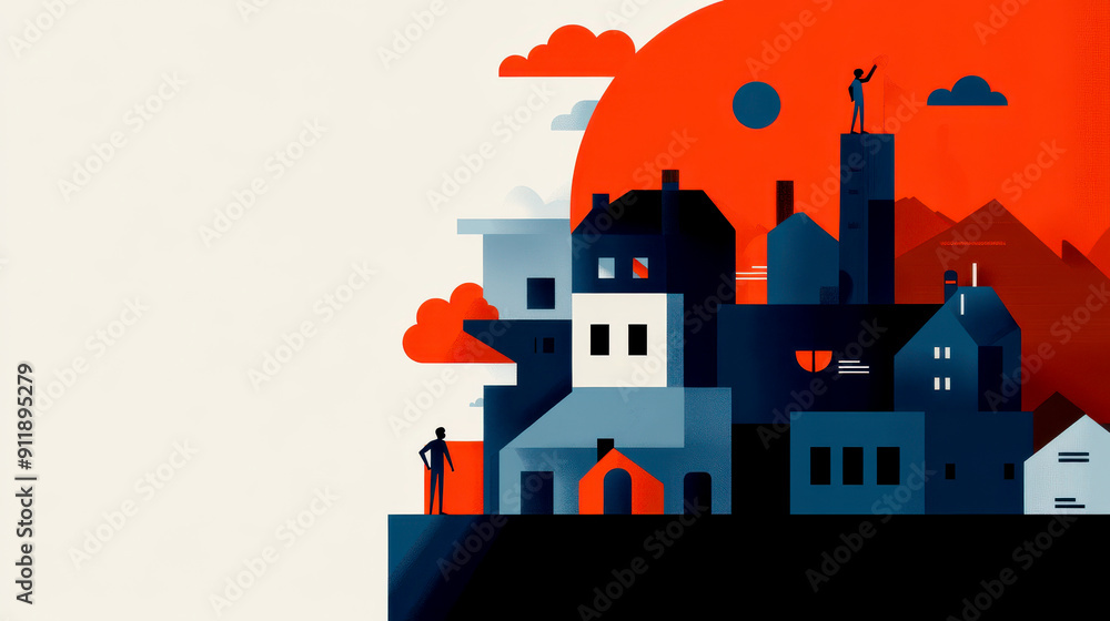 Wall mural a stylized urban landscape with abstract architecture under a dynamic red sky, depicting creativity 