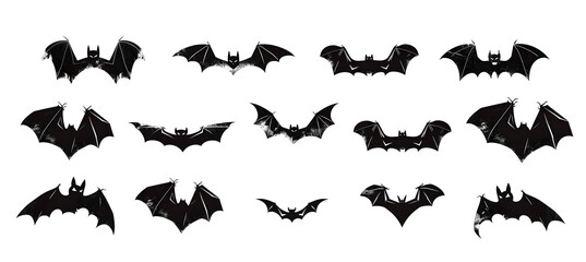 Naklejka premium Halloween bat silhouette set isolated on white background. Spooky black horror bat graphic. Vector illustration