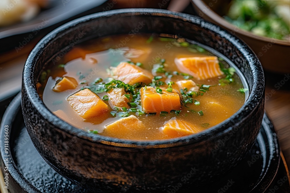 Poster a bowl of soup with chunks of carrot and parsley floating in it. the soup is a rich, dark color and 