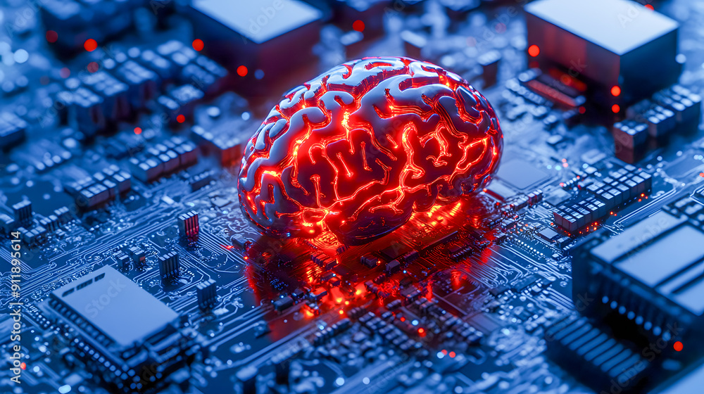 Poster glowing red digital brain on futuristic computer circuit board representing intelligence innovation 