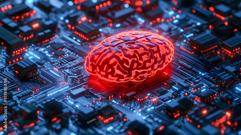Poster compelling red glowing brain like structure surrounded by a complex futuristic digital circuit board